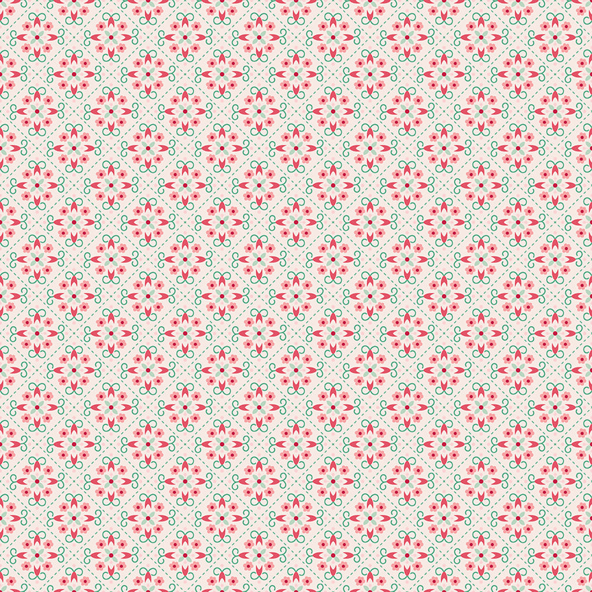 Pattern Wallpaper (Latte): A repetitive, structured pattern inspired by vintage wallpaper designs. Fabric patterns are from The Berry & Sage fabric collection by Lori Holt for Riley Blake Designs which is a vintage-inspired line  characterized by a color palette of coral, tea rose, cherry, alpine, latte, and sage.