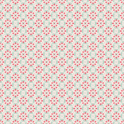 Pattern Wallpaper (Latte): A repetitive, structured pattern inspired by vintage wallpaper designs. Fabric patterns are from The Berry & Sage fabric collection by Lori Holt for Riley Blake Designs which is a vintage-inspired line  characterized by a color palette of coral, tea rose, cherry, alpine, latte, and sage.