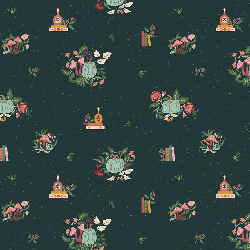 Pattern from the fabric collection The Apothecary, the one shown is Botanicals (with background colors in Cream, Deep Teal, Rust): Detailed, delicate illustrations of herbs and plants, sometimes featuring tiny, drifting cobweb. Designed by Amber Elliot of Alderwood Studio for Riley Blake Designs, is a whimsical, "witchy" fall collection inspired by vintage apothecary shops.