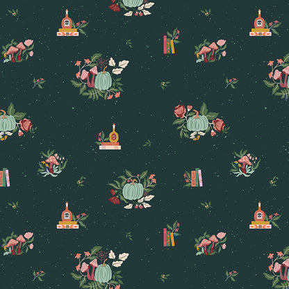 Pattern from the fabric collection The Apothecary, the one shown is Botanicals (with background colors in Cream, Deep Teal, Rust): Detailed, delicate illustrations of herbs and plants, sometimes featuring tiny, drifting cobweb. Designed by Amber Elliot of Alderwood Studio for Riley Blake Designs, is a whimsical, "witchy" fall collection inspired by vintage apothecary shops.