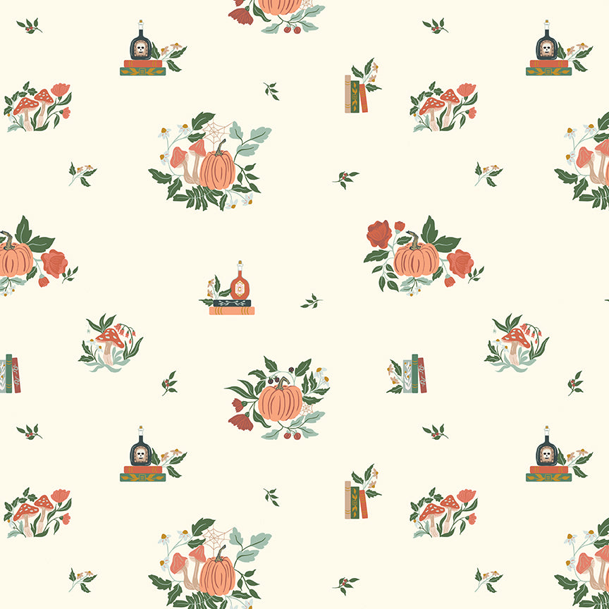 Pattern from the fabric collection The Apothecary, the one shown is Botanicals (with background colors in Cream, Deep Teal, Rust): Detailed, delicate illustrations of herbs and plants, sometimes featuring tiny, drifting cobweb. Designed by Amber Elliot of Alderwood Studio for Riley Blake Designs, is a whimsical, "witchy" fall collection inspired by vintage apothecary shops.