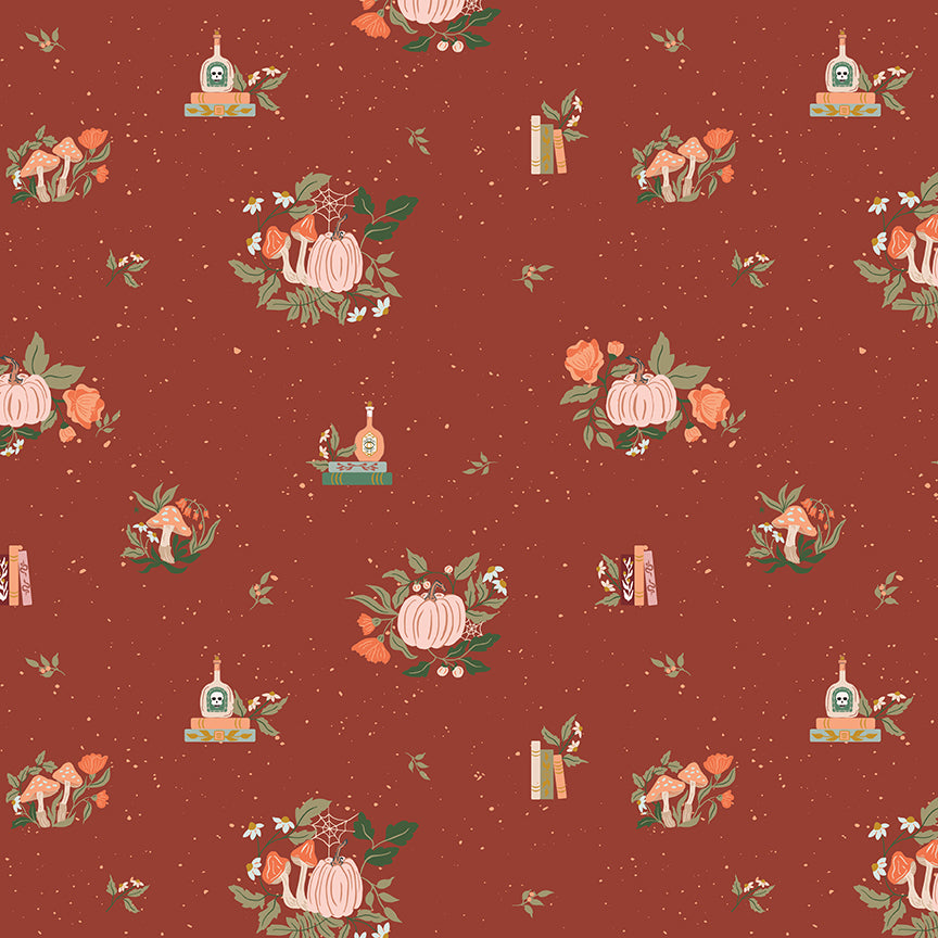 Pattern from the fabric collection The Apothecary, the one shown is Botanicals (with background colors in Cream, Deep Teal, Rust): Detailed, delicate illustrations of herbs and plants, sometimes featuring tiny, drifting cobweb. Designed by Amber Elliot of Alderwood Studio for Riley Blake Designs, is a whimsical, "witchy" fall collection inspired by vintage apothecary shops.