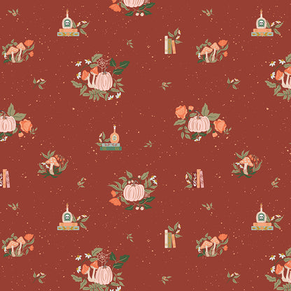 Pattern from the fabric collection The Apothecary, the one shown is Botanicals (with background colors in Cream, Deep Teal, Rust): Detailed, delicate illustrations of herbs and plants, sometimes featuring tiny, drifting cobweb. Designed by Amber Elliot of Alderwood Studio for Riley Blake Designs, is a whimsical, "witchy" fall collection inspired by vintage apothecary shops.