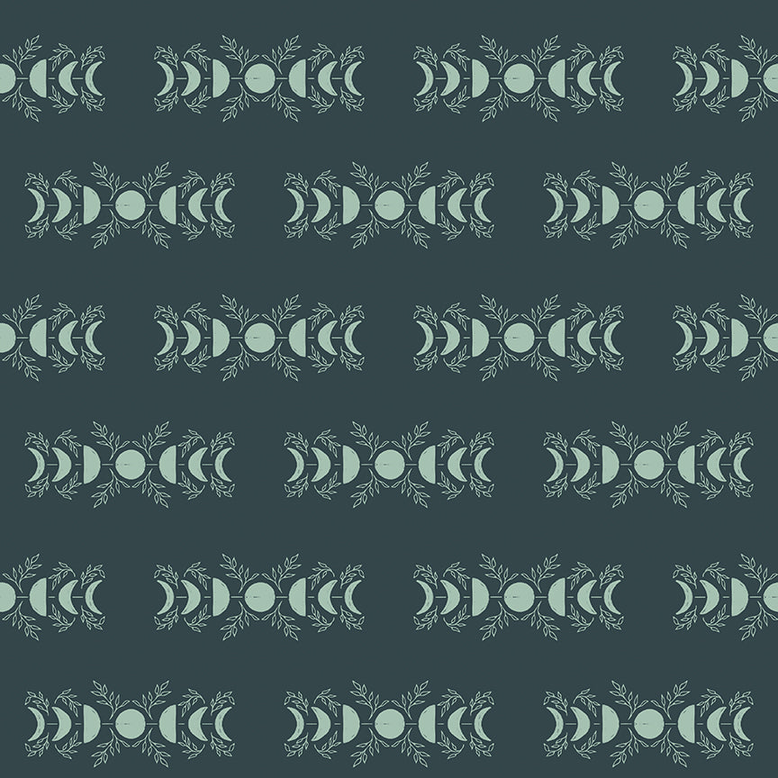 Pattern from the fabric collection The Apothecary, the one shown is Celestial (backgrounds in Gold, Teal): A celestial-themed print with stars, moons, and constellations, capturing a "night sky" aesthetic.. Designed by Amber Elliot of Alderwood Studio for Riley Blake Designs, is a whimsical, "witchy" fall collection inspired by vintage apothecary shops.
