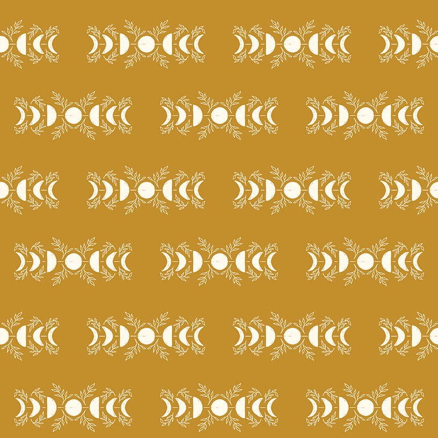 Pattern from the fabric collection The Apothecary, the one shown is Celestial (backgrounds in Gold, Teal): A celestial-themed print with stars, moons, and constellations, capturing a "night sky" aesthetic.. Designed by Amber Elliot of Alderwood Studio for Riley Blake Designs, is a whimsical, "witchy" fall collection inspired by vintage apothecary shops.