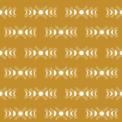 Pattern from the fabric collection The Apothecary, the one shown is Celestial (backgrounds in Gold, Teal): A celestial-themed print with stars, moons, and constellations, capturing a "night sky" aesthetic.. Designed by Amber Elliot of Alderwood Studio for Riley Blake Designs, is a whimsical, "witchy" fall collection inspired by vintage apothecary shops.