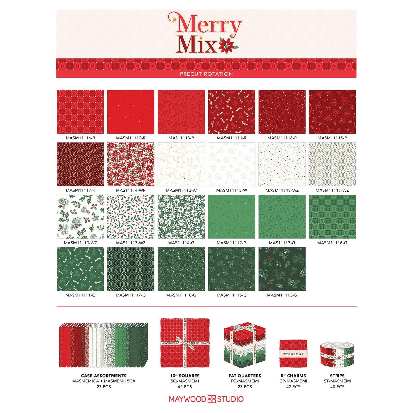 Fat quarter bundle from The Merry Mix collection by Maywood Studio features a classic Christmas color palette of snow white, berry red, and holly green. It is characterized by nostalgic holiday motifs, prancing reindeer, and florals, all elevated with shimmering metallic gold and silver accent