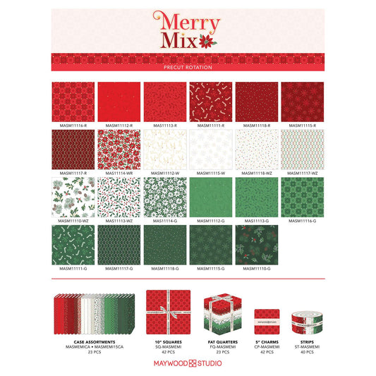 10" Precut Squares bundle includes 42 pieces, patterns repeated from The Merry Mix collection by Maywood Studio, 100% cotton,  features a classic Christmas color palette of snow white, berry red, and holly green. It is characterized by nostalgic holiday motifs, prancing reindeer, and florals, all elevated with shimmering metallic gold and silver accent