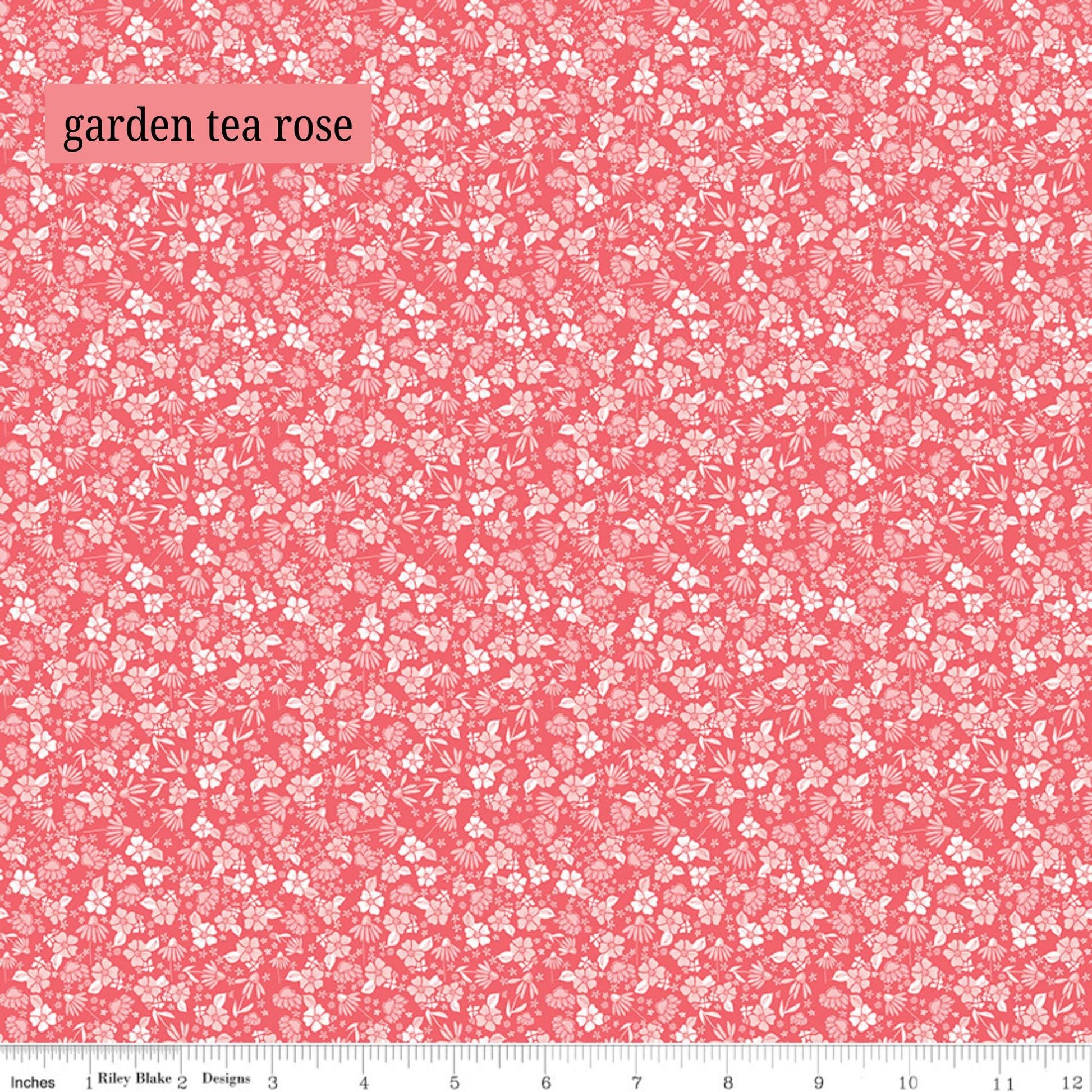 Fabric Pattern Garden (White & Tea Rose): A dense scatter of delicate, dainty flowers and leaves that give a nostalgic and vintage aesthetic. The Summer Skies and Fireflies Collection by Gracey Larson for Riley Blake Designs is inspired by nostalgic, warm summer evenings. The fabric line captures the charm of twinkling stars, picnic lunches, and fireflies dancing at dusk 
