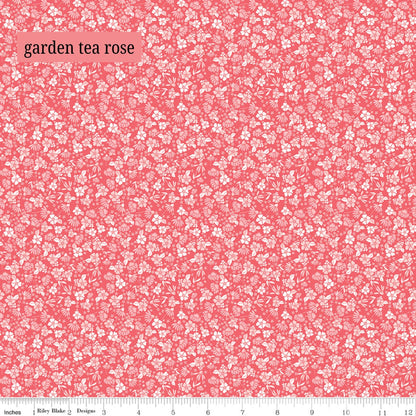 Fabric Pattern Garden (White & Tea Rose): A dense scatter of delicate, dainty flowers and leaves that give a nostalgic and vintage aesthetic. The Summer Skies and Fireflies Collection by Gracey Larson for Riley Blake Designs is inspired by nostalgic, warm summer evenings. The fabric line captures the charm of twinkling stars, picnic lunches, and fireflies dancing at dusk 