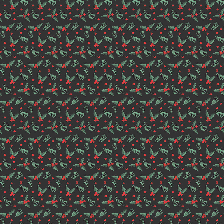 Fabric pattern Holly Berries: An all-over scattered print of holly leaf pairs and berry clusters. Background Colors: Red, Cream, and Black from The Evergreen Wishes fabric collection by Traci Reed for Riley Blake Designs blends classic holiday traditions with a fresh, modern palette of rich reds, deep greens, mint, cream, and black. It features beautiful winter florals, cozy plaids, and playful seasonal motifs.
