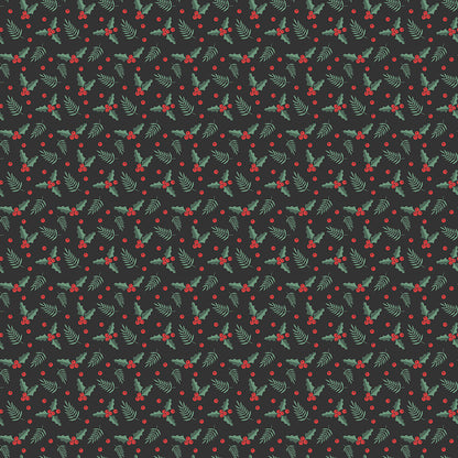Fabric pattern Holly Berries: An all-over scattered print of holly leaf pairs and berry clusters. Background Colors: Red, Cream, and Black from The Evergreen Wishes fabric collection by Traci Reed for Riley Blake Designs blends classic holiday traditions with a fresh, modern palette of rich reds, deep greens, mint, cream, and black. It features beautiful winter florals, cozy plaids, and playful seasonal motifs.