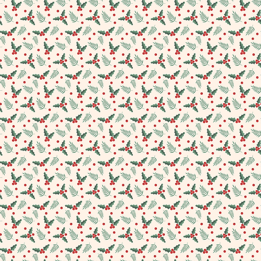 Fabric pattern Holly Berries: An all-over scattered print of holly leaf pairs and berry clusters. Background Colors: Red, Cream, and Black from The Evergreen Wishes fabric collection by Traci Reed for Riley Blake Designs blends classic holiday traditions with a fresh, modern palette of rich reds, deep greens, mint, cream, and black. It features beautiful winter florals, cozy plaids, and playful seasonal motifs.