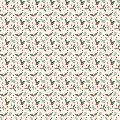 Fabric pattern Holly Berries: An all-over scattered print of holly leaf pairs and berry clusters. Background Colors: Red, Cream, and Black from The Evergreen Wishes fabric collection by Traci Reed for Riley Blake Designs blends classic holiday traditions with a fresh, modern palette of rich reds, deep greens, mint, cream, and black. It features beautiful winter florals, cozy plaids, and playful seasonal motifs.