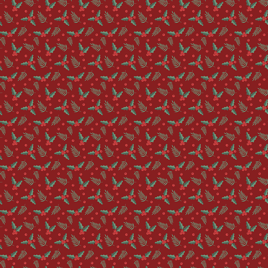 Fabric pattern Holly Berries: An all-over scattered print of holly leaf pairs and berry clusters. Background Colors: Red, Cream, and Black from The Evergreen Wishes fabric collection by Traci Reed for Riley Blake Designs blends classic holiday traditions with a fresh, modern palette of rich reds, deep greens, mint, cream, and black. It features beautiful winter florals, cozy plaids, and playful seasonal motifs.