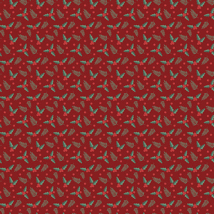 Fabric pattern Holly Berries: An all-over scattered print of holly leaf pairs and berry clusters. Background Colors: Red, Cream, and Black from The Evergreen Wishes fabric collection by Traci Reed for Riley Blake Designs blends classic holiday traditions with a fresh, modern palette of rich reds, deep greens, mint, cream, and black. It features beautiful winter florals, cozy plaids, and playful seasonal motifs.