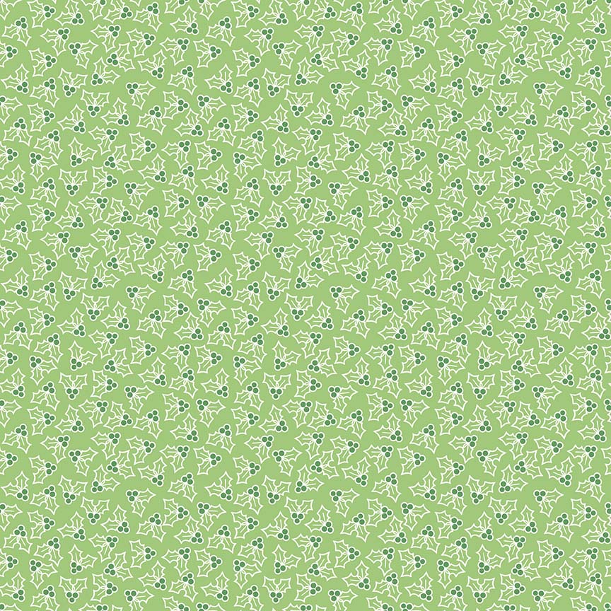Pattern Holly features a charming, tossed (non-directional) print of scattered holly leaf sprigs paired with small berry clusters in green from the Cozy Christmas collection by Lori Holt for Riley Blake Designs is a vintage-inspired holiday line. It features festive motifs like snowmen, reindeer, recipes, and seasonal florals, typically produced in bright traditional colorways.