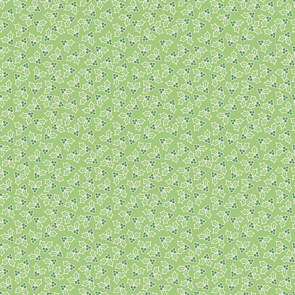 Pattern Holly features a charming, tossed (non-directional) print of scattered holly leaf sprigs paired with small berry clusters in green from the Cozy Christmas collection by Lori Holt for Riley Blake Designs is a vintage-inspired holiday line. It features festive motifs like snowmen, reindeer, recipes, and seasonal florals, typically produced in bright traditional colorways.