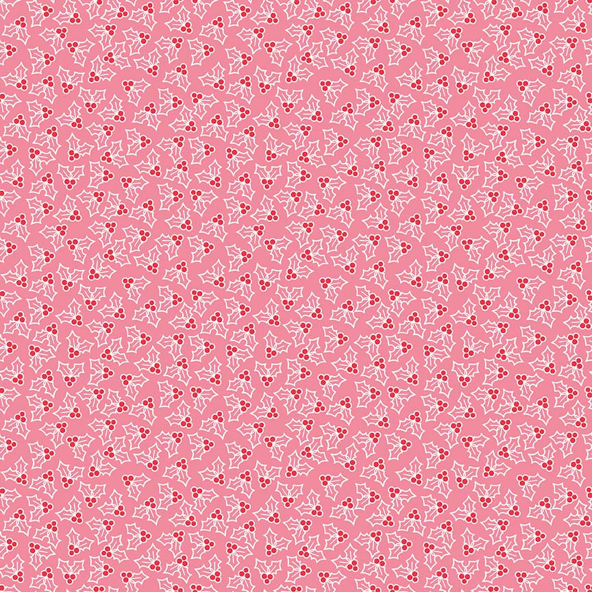 Pattern Holly features a charming, tossed (non-directional) print of scattered holly leaf sprigs paired with small berry clusters in pink from the Cozy Christmas collection by Lori Holt for Riley Blake Designs is a vintage-inspired holiday line. It features festive motifs like snowmen, reindeer, recipes, and seasonal florals, typically produced in bright traditional colorways.
