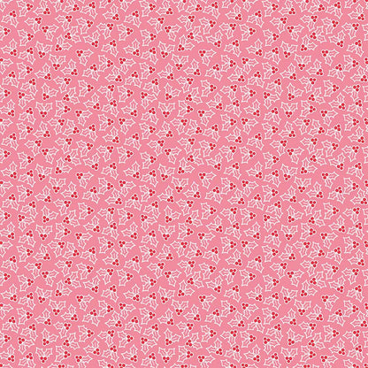 Pattern Holly features a charming, tossed (non-directional) print of scattered holly leaf sprigs paired with small berry clusters in pink from the Cozy Christmas collection by Lori Holt for Riley Blake Designs is a vintage-inspired holiday line. It features festive motifs like snowmen, reindeer, recipes, and seasonal florals, typically produced in bright traditional colorways.