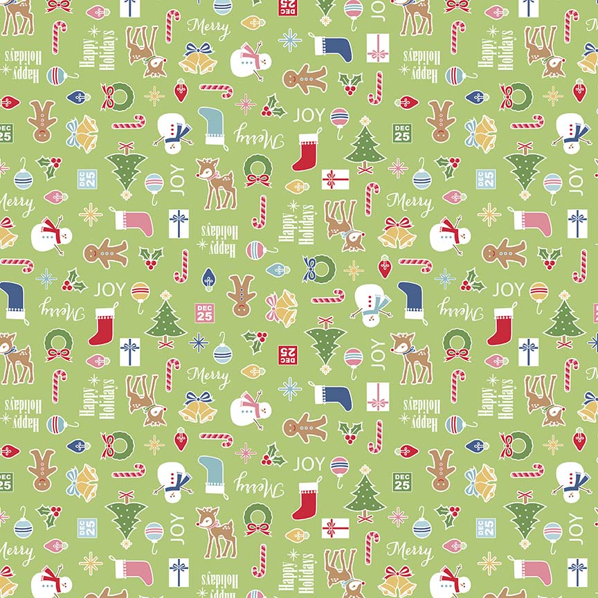 Pattern Main Print Icons: Features a repeating pattern of holiday icons, including Christmas trees, stockings, and wreaths with backgrounds: Navy, Green, and Teal from the Cozy Christmas collection by Lori Holt for Riley Blake Designs is a vintage-inspired holiday line. It features festive motifs like snowmen, reindeer, recipes, and seasonal florals, typically produced in bright traditional colorways.
