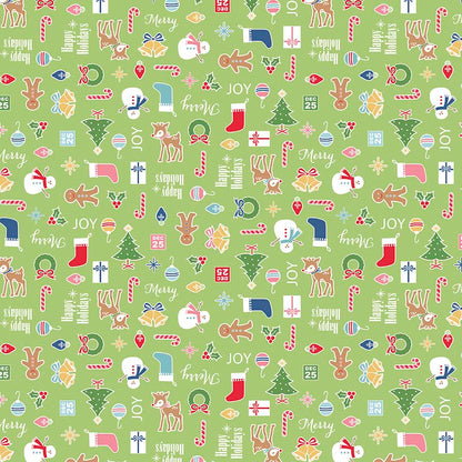 Pattern Main Print Icons: Features a repeating pattern of holiday icons, including Christmas trees, stockings, and wreaths with backgrounds: Navy, Green, and Teal from the Cozy Christmas collection by Lori Holt for Riley Blake Designs is a vintage-inspired holiday line. It features festive motifs like snowmen, reindeer, recipes, and seasonal florals, typically produced in bright traditional colorways.