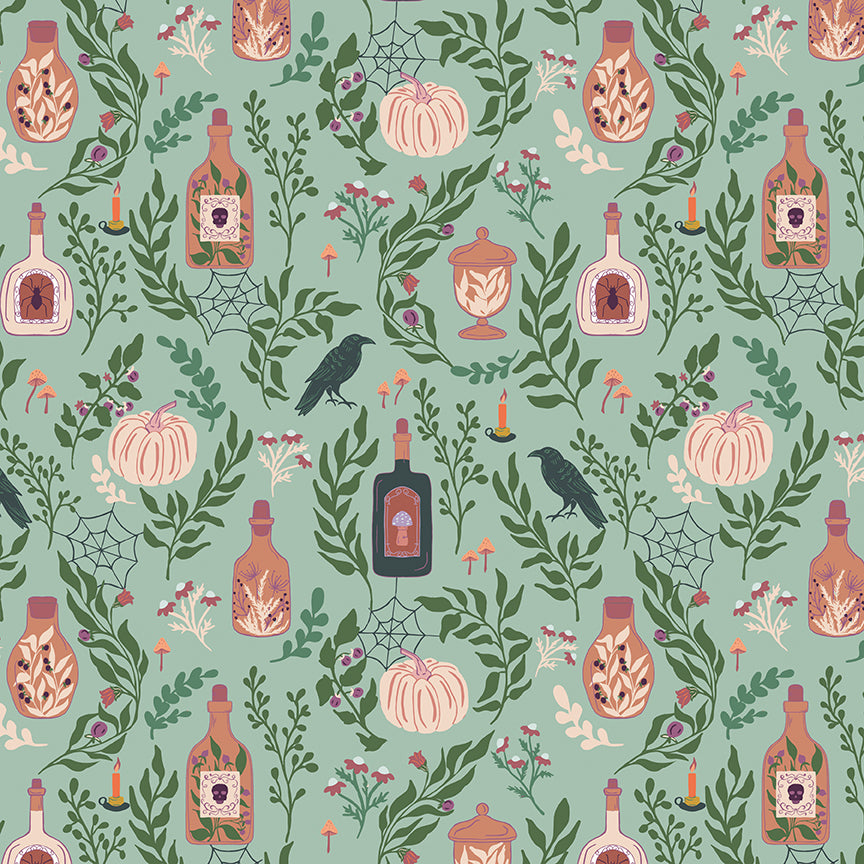 Pattern from the fabric collection The Apothecary, the one shown is Main with background colors in Cream, Deep Teal, Mint: The primary print featuring a collection of potion bottles, candles, herbs, and labeled vintage jar. Designed by Amber Elliot of Alderwood Studio for Riley Blake Designs, is a whimsical, "witchy" fall collection inspired by vintage apothecary shops.