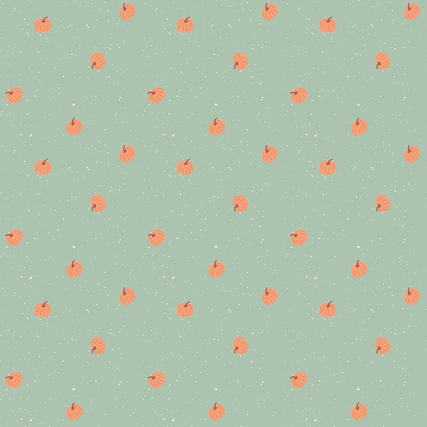 Pattern from the fabric collection The Apothecary, the one shown is Pumpkin Toss (backgrounds in Marmalade, Mint, Rust): A small-scale, tossed pattern of fall pumpkins, ideal for background or piecing. Designed by Amber Elliot of Alderwood Studio for Riley Blake Designs, is a whimsical, "witchy" fall collection inspired by vintage apothecary shops.