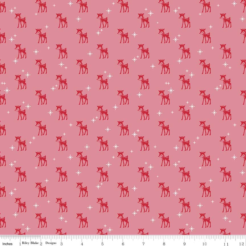Pattern Reindeer: Features adorable reindeer motifs paired with holly sprigs in pink from the Cozy Christmas collection by Lori Holt for Riley Blake Designs is a vintage-inspired holiday line. It features festive motifs like snowmen, reindeer, recipes, and seasonal florals, typically produced in bright traditional colorways.