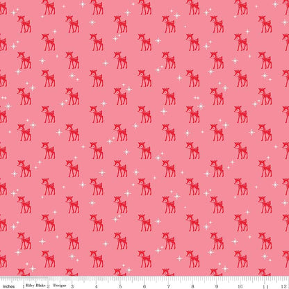 Pattern Reindeer: Features adorable reindeer motifs paired with holly sprigs in pink from the Cozy Christmas collection by Lori Holt for Riley Blake Designs is a vintage-inspired holiday line. It features festive motifs like snowmen, reindeer, recipes, and seasonal florals, typically produced in bright traditional colorways.