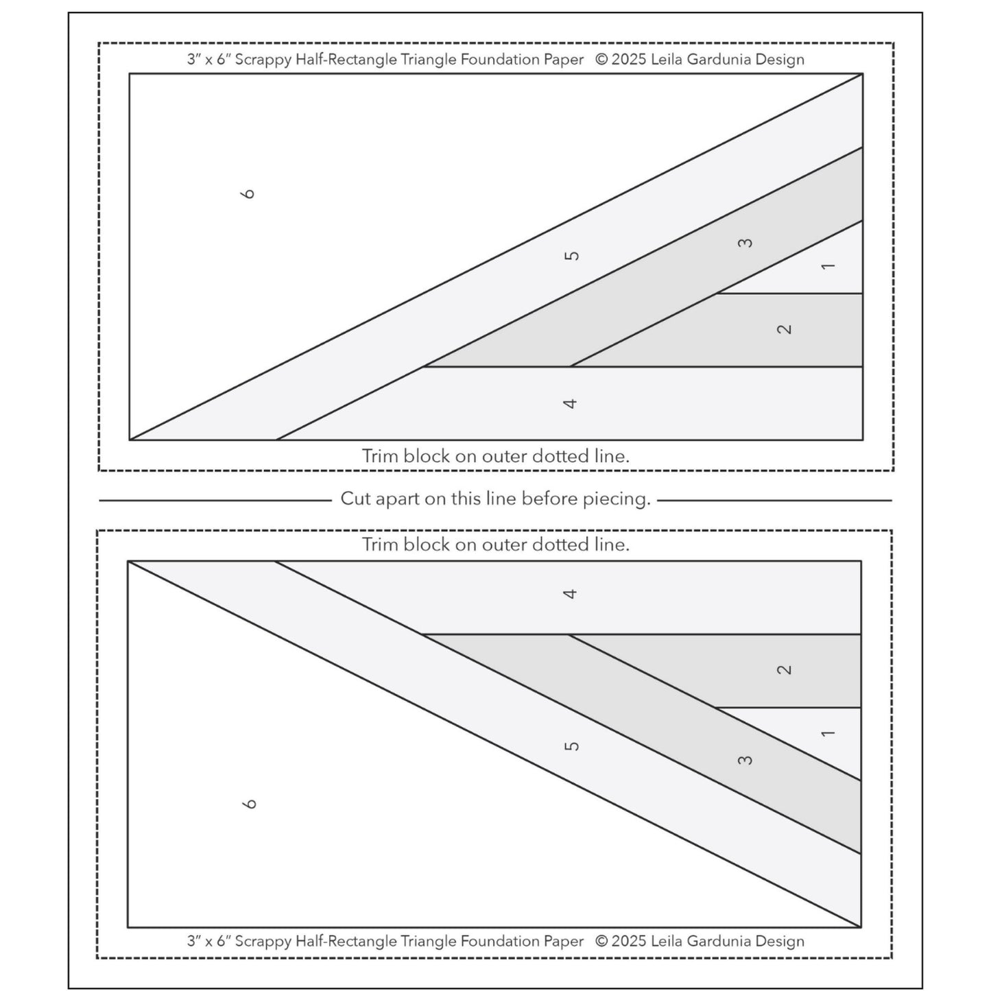 Pattern for scrappy triangles rectangles. Bust through your scraps with foundation paper-pieced 3” x 6” Scrappy Half-Rectangle Triangles (HRT). The foundations are pre-printed easy to see through and remove. 25 different Scrappy HRT designs, 2 left- and 2 right-facing of each design, total of 100 Basic cutting and construction instructions Block requirements for different quilt sizes A link to written and video instructions on how to foundation paper piece the Scrappy Half-Rectangle Triangles