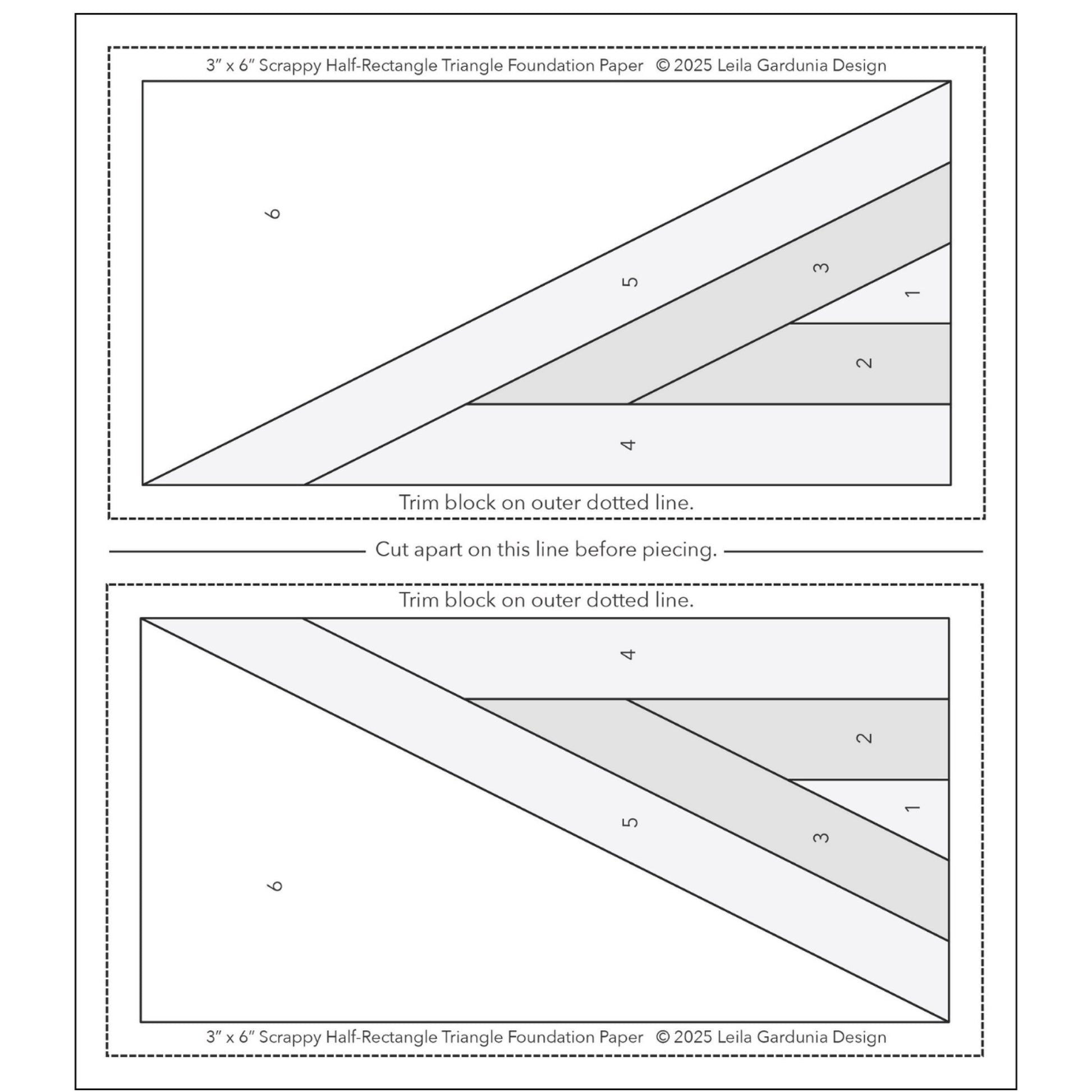Pattern for scrappy triangles rectangles. Bust through your scraps with foundation paper-pieced 3” x 6” Scrappy Half-Rectangle Triangles (HRT). The foundations are pre-printed easy to see through and remove. 25 different Scrappy HRT designs, 2 left- and 2 right-facing of each design, total of 100 Basic cutting and construction instructions Block requirements for different quilt sizes A link to written and video instructions on how to foundation paper piece the Scrappy Half-Rectangle Triangles