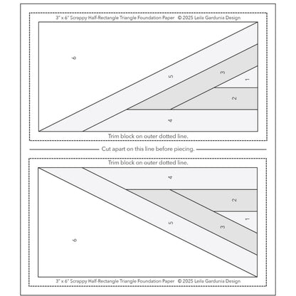 Pattern for scrappy triangles rectangles. Bust through your scraps with foundation paper-pieced 3” x 6” Scrappy Half-Rectangle Triangles (HRT). The foundations are pre-printed easy to see through and remove. 25 different Scrappy HRT designs, 2 left- and 2 right-facing of each design, total of 100 Basic cutting and construction instructions Block requirements for different quilt sizes A link to written and video instructions on how to foundation paper piece the Scrappy Half-Rectangle Triangles