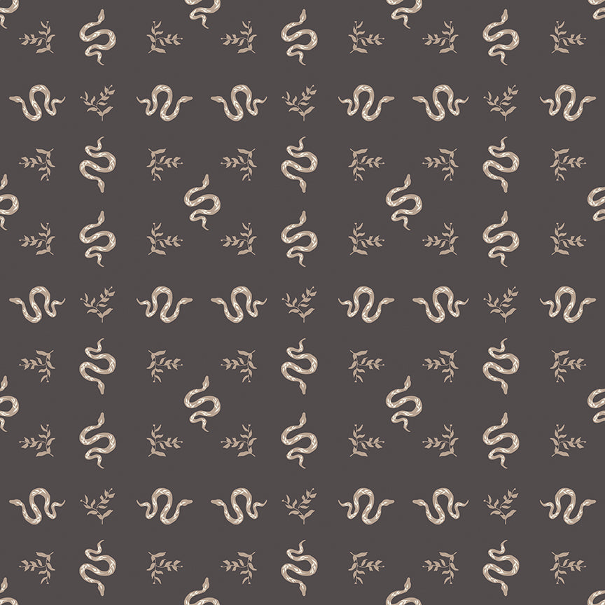 Pattern from the fabric collection The Apothecary, the one shown is Serpents (backgrounds are Autumn, Charcoal): Elegant, winding snakes intertwined with botanical elements, available in autumn (warm tones) and charcoal (dark) colors. Designed by Amber Elliot of Alderwood Studio for Riley Blake Designs, is a whimsical, "witchy" fall collection inspired by vintage apothecary shops.