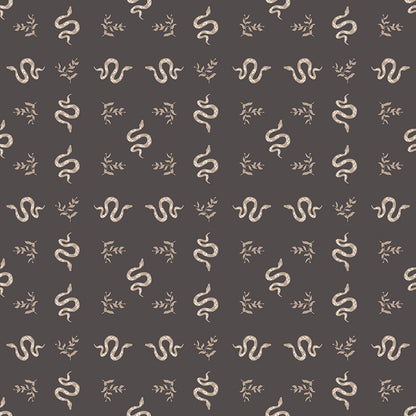 Pattern from the fabric collection The Apothecary, the one shown is Serpents (backgrounds are Autumn, Charcoal): Elegant, winding snakes intertwined with botanical elements, available in autumn (warm tones) and charcoal (dark) colors. Designed by Amber Elliot of Alderwood Studio for Riley Blake Designs, is a whimsical, "witchy" fall collection inspired by vintage apothecary shops.