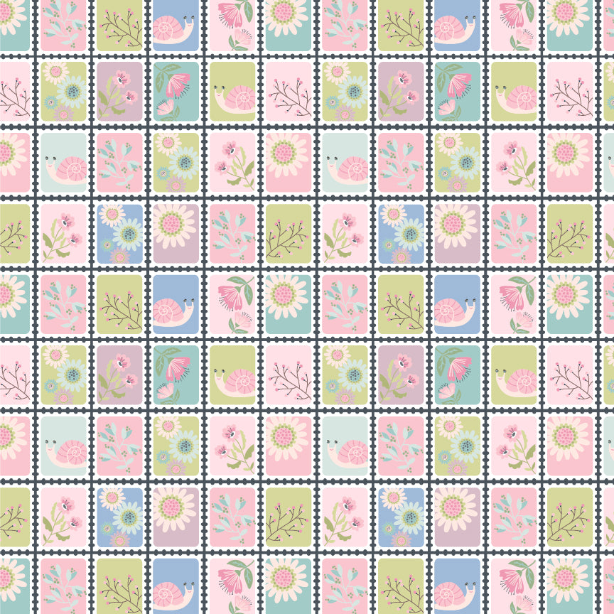 Pattern Snail Mail Multi Features a playful, whimsical snail crawling amidst small floral motifs, evoking a sense of slow  charm from collection Le Petit Escargot by Lori Woods for Poppie Cotton which is a storybook-themed collection featuring a charming, romantic aesthetic with soft florals, whimsical snails, and delicate geometric prints in shades of pink, teal, blue, lilac, green, and grey. The collection consists of 7 main designs across 3 colorways, including a "cheater panel".