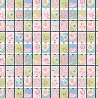 Pattern Snail Mail Multi Features a playful, whimsical snail crawling amidst small floral motifs, evoking a sense of slow  charm from collection Le Petit Escargot by Lori Woods for Poppie Cotton which is a storybook-themed collection featuring a charming, romantic aesthetic with soft florals, whimsical snails, and delicate geometric prints in shades of pink, teal, blue, lilac, green, and grey. The collection consists of 7 main designs across 3 colorways, including a "cheater panel".