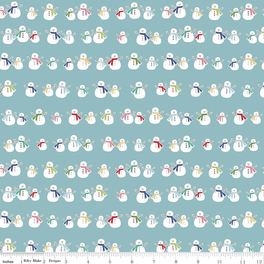 Pattern Snowman: Features cheerful, vintage-style illustrated snowmen  with backgrounds: Blue, Pink, and Yellow from the Cozy Christmas collection by Lori Holt for Riley Blake Designs is a vintage-inspired holiday line. It features festive motifs like snowmen, reindeer, recipes, and seasonal florals, typically produced in bright traditional colorways.