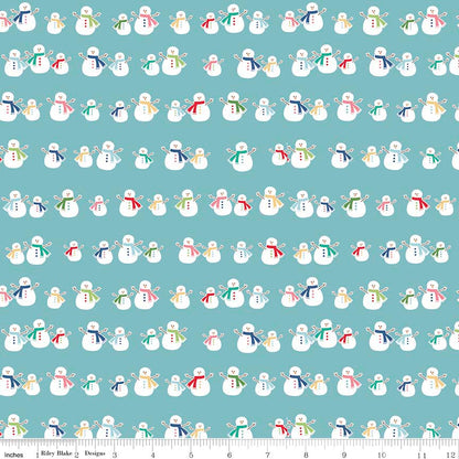 Pattern Snowman: Features cheerful, vintage-style illustrated snowmen  with backgrounds: Blue, Pink, and Yellow from the Cozy Christmas collection by Lori Holt for Riley Blake Designs is a vintage-inspired holiday line. It features festive motifs like snowmen, reindeer, recipes, and seasonal florals, typically produced in bright traditional colorways.