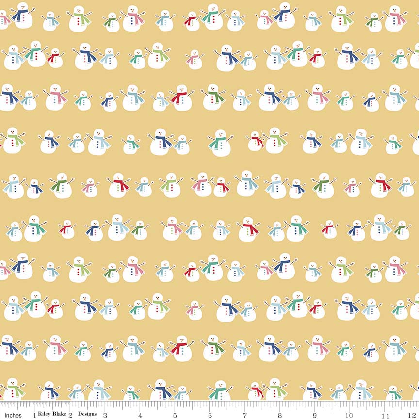 Pattern Snowman: Features cheerful, vintage-style illustrated snowmen  with backgrounds: Blue, Pink, and Yellow from the Cozy Christmas collection by Lori Holt for Riley Blake Designs is a vintage-inspired holiday line. It features festive motifs like snowmen, reindeer, recipes, and seasonal florals, typically produced in bright traditional colorways.