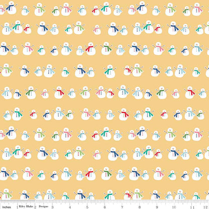 Pattern Snowman: Features cheerful, vintage-style illustrated snowmen  with backgrounds: Blue, Pink, and Yellow from the Cozy Christmas collection by Lori Holt for Riley Blake Designs is a vintage-inspired holiday line. It features festive motifs like snowmen, reindeer, recipes, and seasonal florals, typically produced in bright traditional colorways.