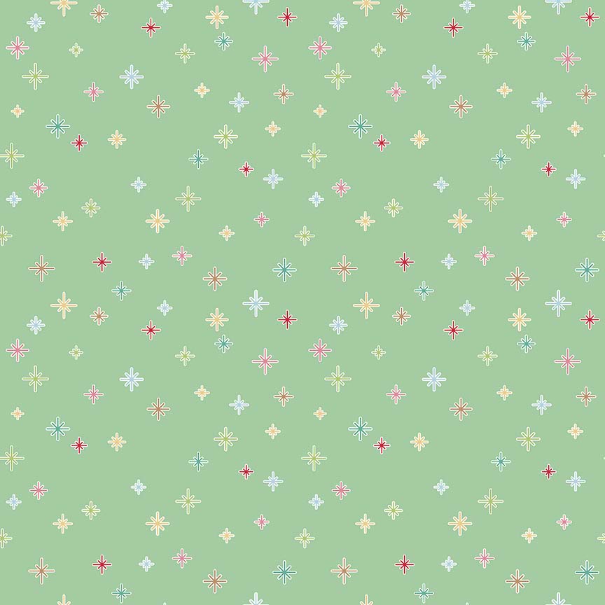 Pattern Sparkle is a dense, scattered background pattern of small twinkling stars and sparkles with backgrounds: Mint, Red, and White from the Cozy Christmas collection by Lori Holt for Riley Blake Designs is a vintage-inspired holiday line. It features festive motifs like snowmen, reindeer, recipes, and seasonal florals, typically produced in bright traditional colorways.