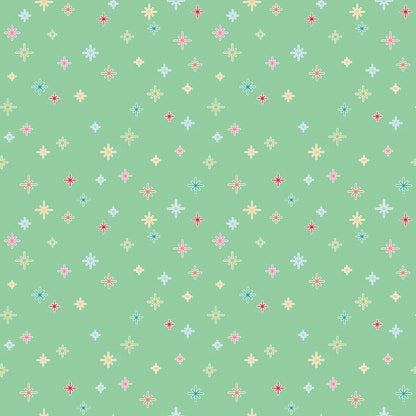 Pattern Sparkle is a dense, scattered background pattern of small twinkling stars and sparkles with backgrounds: Mint, Red, and White from the Cozy Christmas collection by Lori Holt for Riley Blake Designs is a vintage-inspired holiday line. It features festive motifs like snowmen, reindeer, recipes, and seasonal florals, typically produced in bright traditional colorways.