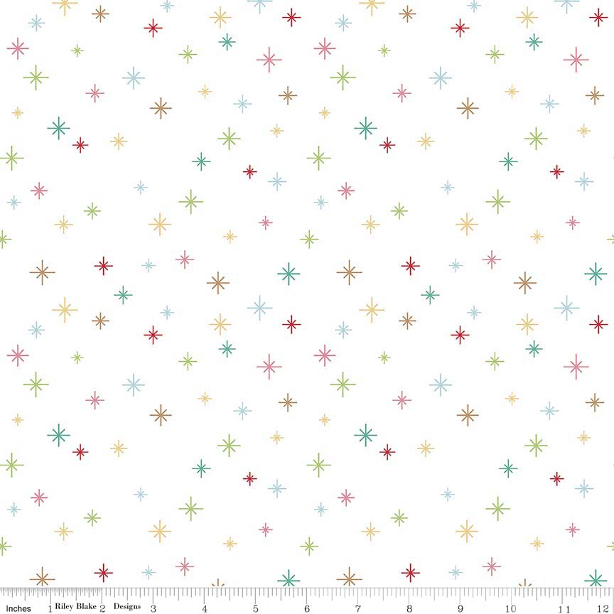 Pattern Sparkle is a dense, scattered background pattern of small twinkling stars and sparkles with backgrounds: Mint, Red, and White from the Cozy Christmas collection by Lori Holt for Riley Blake Designs is a vintage-inspired holiday line. It features festive motifs like snowmen, reindeer, recipes, and seasonal florals, typically produced in bright traditional colorways.