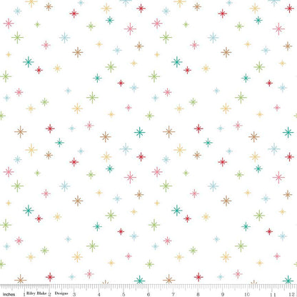 Pattern Sparkle is a dense, scattered background pattern of small twinkling stars and sparkles with backgrounds: Mint, Red, and White from the Cozy Christmas collection by Lori Holt for Riley Blake Designs is a vintage-inspired holiday line. It features festive motifs like snowmen, reindeer, recipes, and seasonal florals, typically produced in bright traditional colorways.