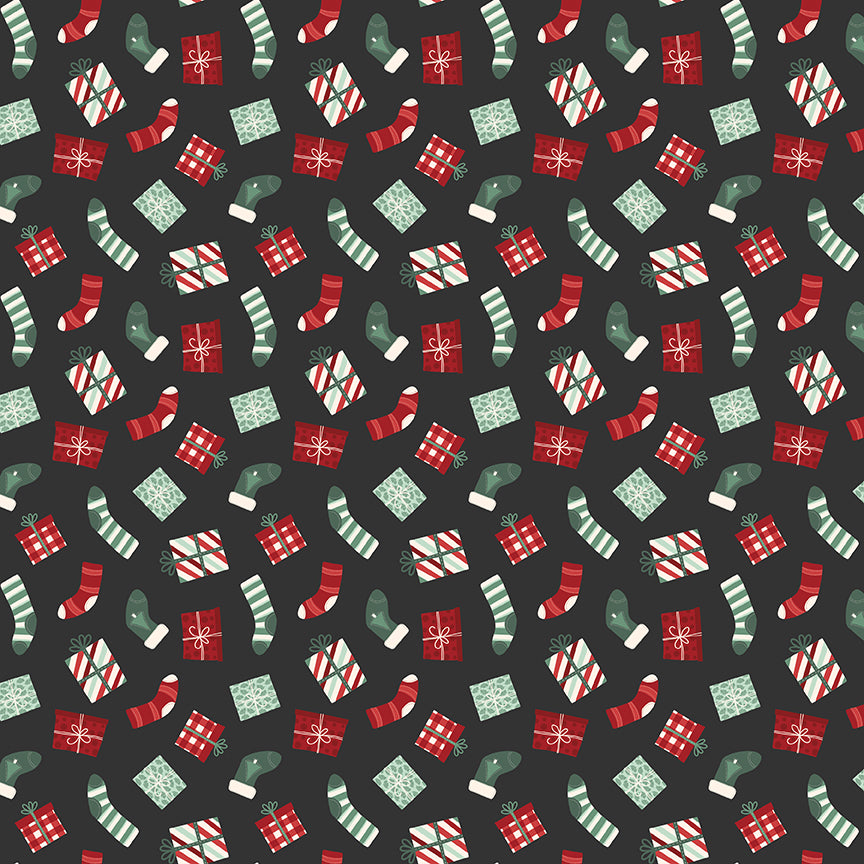 Fabric pattern Stockings & Gifts: Playful illustrated stockings overflowing with wrapped presents, holly, and candy canes. Background Colors: Mint, Cream, and Black from The Evergreen Wishes fabric collection by Traci Reed for Riley Blake Designs blends classic holiday traditions with a fresh, modern palette of rich reds, deep greens, mint, cream, and black. It features beautiful winter florals, cozy plaids, and playful seasonal motifs.
