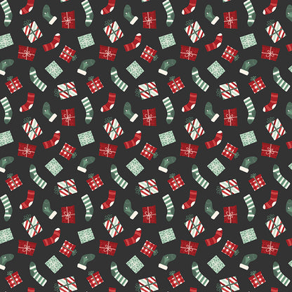 Fabric pattern Stockings & Gifts: Playful illustrated stockings overflowing with wrapped presents, holly, and candy canes. Background Colors: Mint, Cream, and Black from The Evergreen Wishes fabric collection by Traci Reed for Riley Blake Designs blends classic holiday traditions with a fresh, modern palette of rich reds, deep greens, mint, cream, and black. It features beautiful winter florals, cozy plaids, and playful seasonal motifs.