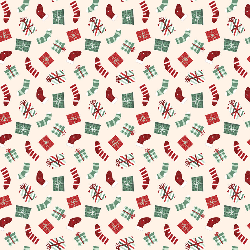 Fabric pattern Stockings & Gifts: Playful illustrated stockings overflowing with wrapped presents, holly, and candy canes. Background Colors: Mint, Cream, and Black from The Evergreen Wishes fabric collection by Traci Reed for Riley Blake Designs blends classic holiday traditions with a fresh, modern palette of rich reds, deep greens, mint, cream, and black. It features beautiful winter florals, cozy plaids, and playful seasonal motifs.