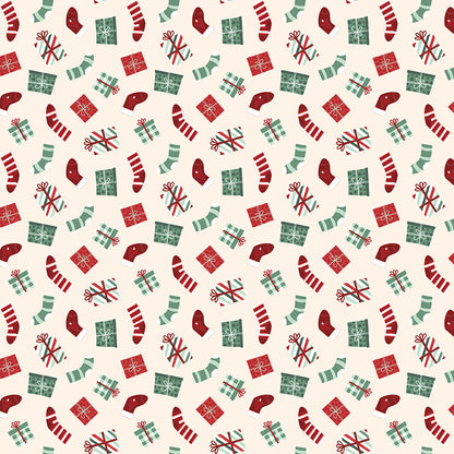 Fabric pattern Stockings & Gifts: Playful illustrated stockings overflowing with wrapped presents, holly, and candy canes. Background Colors: Mint, Cream, and Black from The Evergreen Wishes fabric collection by Traci Reed for Riley Blake Designs blends classic holiday traditions with a fresh, modern palette of rich reds, deep greens, mint, cream, and black. It features beautiful winter florals, cozy plaids, and playful seasonal motifs.