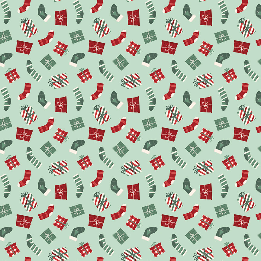 Fabric pattern Stockings & Gifts: Playful illustrated stockings overflowing with wrapped presents, holly, and candy canes. Background Colors: Mint, Cream, and Black from The Evergreen Wishes fabric collection by Traci Reed for Riley Blake Designs blends classic holiday traditions with a fresh, modern palette of rich reds, deep greens, mint, cream, and black. It features beautiful winter florals, cozy plaids, and playful seasonal motifs.